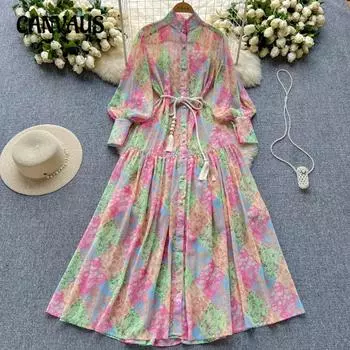 Женское тонкое платье больших размеров с длинными рукавами и воротником-стойкой Senior Sense с принтом из шифона, свободное, со шнуровкой на талии, длинное праздничное платье M