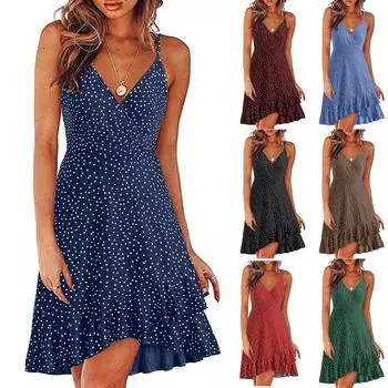 Женское тонкое платье на бретельках с рюшами и регулируемой пряжкой в горошек L чёрный