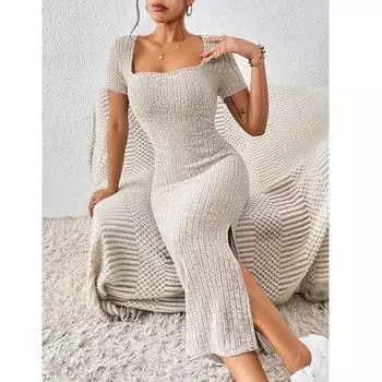 Женское тонкое платье с квадратным вырезом и коротким рукавом, однотонное трикотажное эластичное женское платье с разрезом S светло-серый