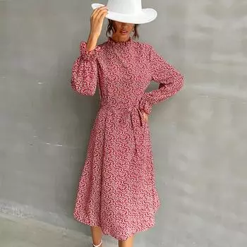 Женское тонкое платье с высокой талией и цветочным принтом с длинным рукавом и половиной высокой шеей на шнуровке S бордовый