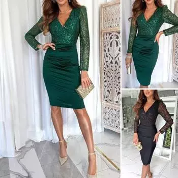 Женское торжественное платье с V-образным вырезом, кружевом и пайетками, облегающее платье-футляр миди, деловое платье для офиса, длинные рукава, осенне-весеннее платье S зелёный