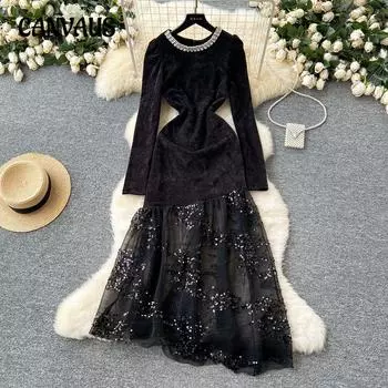 Женское тяжелое платье с круглым вырезом и длинными рукавами, с пайетками и сеткой, асимметричное S чёрный