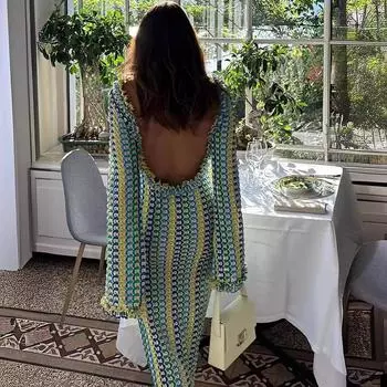 Женское трикотажное длинное платье в контрастную полоску с длинными рукавами, повседневное модное платье макси с открытой спиной, элегантное платье для пляжного отдыха XS красный