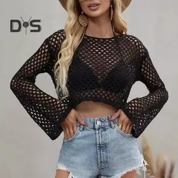 Женское трикотажное летнее накидка, однотонный круглый вырез, рукава-колокольчики, пляжная одежда, сетчатая накидка на бикини для пляжного отдыха, повседневные наряды S чёрный