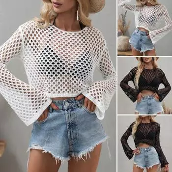 Женское трикотажное летнее накидка, однотонный круглый вырез, рукава-колокольчики, пляжная одежда, сетчатая накидка на бикини для пляжного отдыха, повседневные наряды S белый