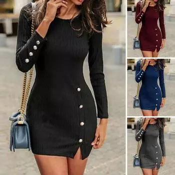 Женское трикотажное облегающее платье, осеннее теплое однотонное рубчатое облегающее платье с длинными рукавами M вино красного