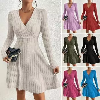 Женское трикотажное облегающее сексуальное облегающее платье с V-образным вырезом и длинными рукавами, однотонное повседневное платье-свитер средней длины S белый