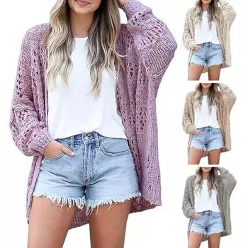 Женское трикотажное пальто с открытыми плечами, свободный кардиган с длинным рукавом из чистого трикотажа средней длины, свободная эластичная куртка на весну и осень S хаки