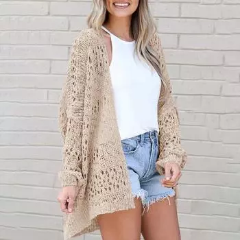 Женское трикотажное пальто с открытыми плечами, свободный кардиган из чистого трикотажа с длинным рукавом S бежевый