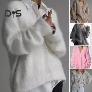 Женское трикотажное пальто с V-образным вырезом и длинным рукавом, однотонный однобортный свитер, свободный крой, эластичная верхняя одежда S хаки