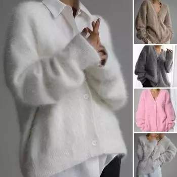 Женское трикотажное пальто с V-образным вырезом и длинным рукавом, однотонный однобортный свитер, свободный крой, эластичная верхняя одежда S белый