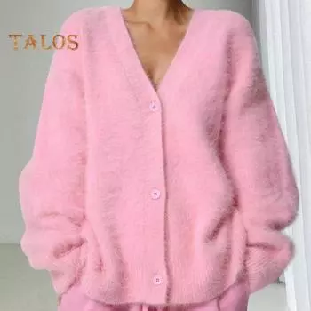 Женское трикотажное пальто с V-образным вырезом и длинным рукавом, однотонный однобортный свитер, свободный крой, эластичная верхняя одежда S светло-серый