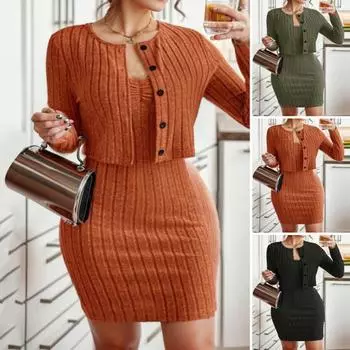 Женское трикотажное платье, 2 шт./компл., облегающий комплект на бретелях, однотонное мини-платье с длинными рукавами, однобортное укороченное пальто L армия зеленый