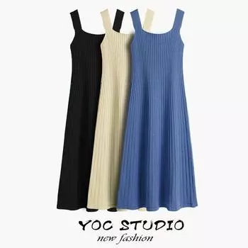 Женское трикотажное платье Длинное вязаное платье с лямкой на шее Весна Осень Сексуальные повседневные платья-комбинации S чёрный