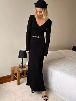 Женское трикотажное платье Элегантное платье А-силуэта с V-образным вырезом, коричневое, с длинным рукавом, винтажное, миди, повседневные платья для женщин S