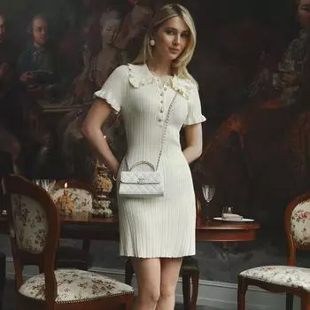 Женское трикотажное платье, летнее, с высокой талией, коротким рукавом, оборкой на шее, облегающее платье, женское облегающее платье для отпуска, французское винтажное элегантное вечернее платье S жёлтый