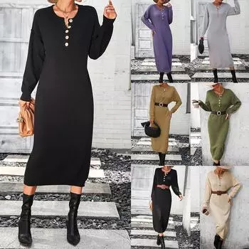 Женское трикотажное платье-миди с длинными рукавами на пуговицах. Женские платья-пуловеры.