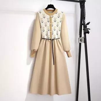 Женское трикотажное платье, осенне-зимнее платье с цветочным принтом, длинное вельветовое платье трапециевидной формы в стиле пэчворк M чёрный