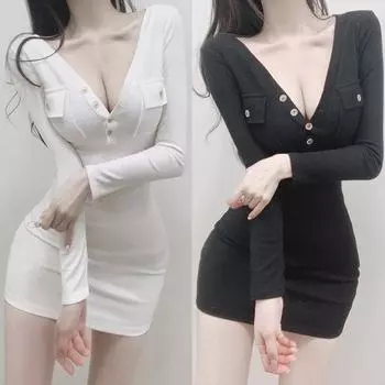 Женское трикотажное платье с длинным рукавом и v-образным вырезом с передним нагрудным карманом M