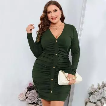 Женское трикотажное платье с длинным рукавом и глубоким v-образным вырезом, тонкое сексуальное платье на бедрах, темпераментное модное пригородное платье больших размеров, зеленое платье XL зелёный