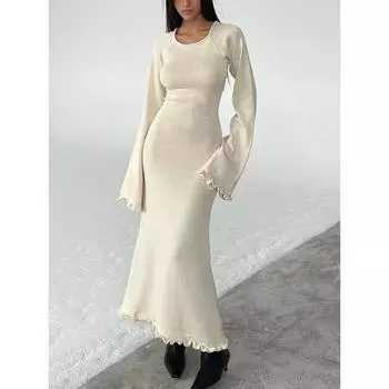 Женское трикотажное платье с длинным рукавом, завязкой на спине, круглым вырезом, однотонное платье с оборками, повседневные модные платья S бежевый