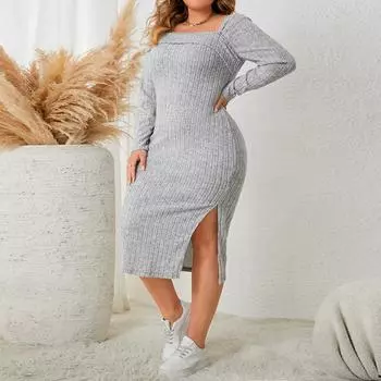 Женское трикотажное платье с квадратным вырезом и открытыми плечами, повседневное платье с длинным рукавом и разрезом, мягкое дышащее тонкое платье, сексуальное длинное платье для работы и отдыха XL серый