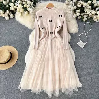 Женское трикотажное платье с нерегулярной сетчатой строчкой, короткий свитер с небольшим благовонием, жилет, осенне-зимний костюм из двух предметов One Size хаки