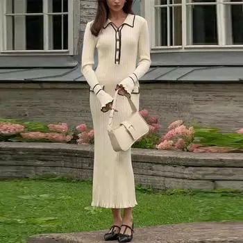Женское трикотажное платье с оборками, узким воротником-поло, расклешенными рукавами, длинное платье с однобортным дизайном на пуговицах, элегантный стиль для поездок на работу M белый