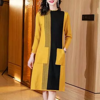 Женское трикотажное платье с шитьем, зимнее ретро, толстое, теплое, модное, с карманами, свободное, толстое, трикотажное платье-свитер One size абрикосовый