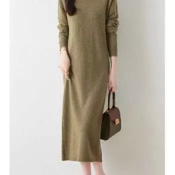 Женское трикотажное платье-свитер из кашемира с высоким воротником - длина до колена, облегающий крой, свободный низ Small
