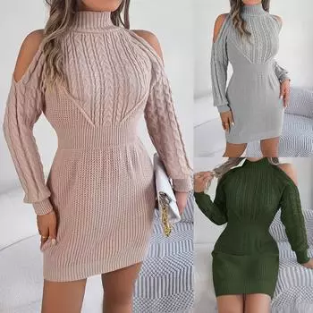 Женское трикотажное платье-свитер с высоким воротником и длинным рукавом, облегающее мини-платье, элегантные свитера-пуловеры, теплые наряды S розовый