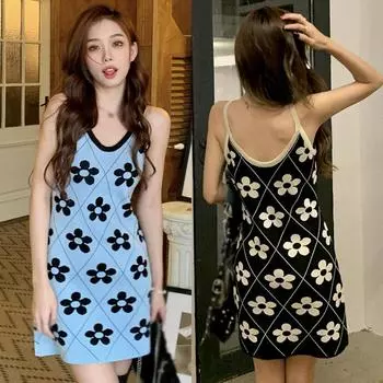 Женское трикотажное платье в стиле ретро с цветочным принтом, платье-бретелька с v-образным вырезом, универсальное повседневное платье в клетку с милым цветком, контрастного цвета, тонкая трапециевидная форма