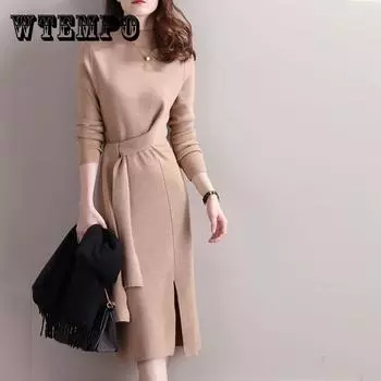 Женское трикотажное платье, зимнее тонкое длинное платье-свитер с высоким воротником и пуловером с поясом XXXL красный