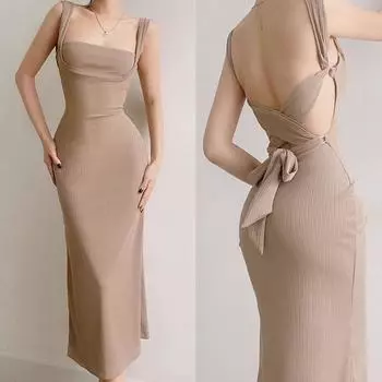 Женское трикотажное сексуальное платье с открытой спиной и бретельками, весеннее модное облегающее длинное платье с ремешком S хаки
