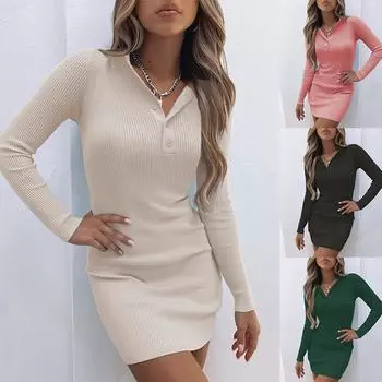 Женское трикотажное сексуальное платье с отложным воротником и длинными рукавами, платье на пуговицах на талии L бежевый