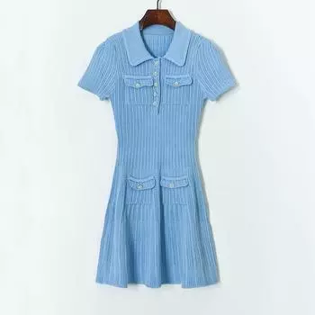 Женское трикотажное синее мини-платье с ромбовидной пряжкой, новое женское плиссированное платье трапециевидной формы с отложным воротником и короткими рукавами C-013 S синий