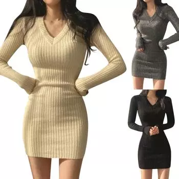 Женское трикотажное внутреннее платье с V-образным вырезом L бежевый