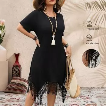 Женское удлиненное платье с бахромой, свободное платье 1XL чёрный