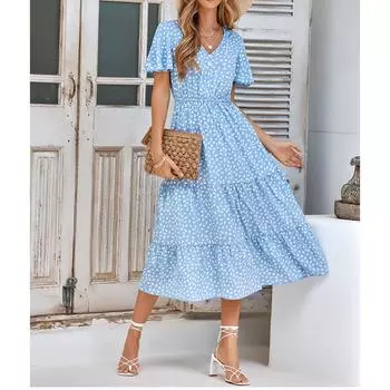 Женское удобное пляжное платье с принтом и коротким рукавом для пляжного отдыха L синий