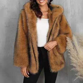 Женское удобное полупальто с капюшоном из искусственного меха, теплое плюшевое пальто S белый