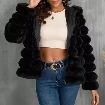 Женское удобное полупальто с капюшоном из искусственного меха, теплое плюшевое пальто S белый