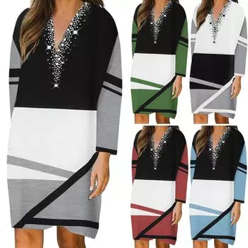 Женское удобное повседневное платье в этническом стиле с v-образным вырезом и длинными рукавами XL чёрный