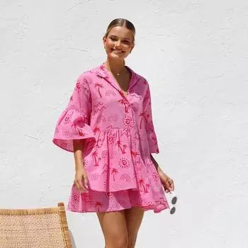 Женское удобное простое расклешенное рукава национальное ветровое свободное короткое платье-рубашка S чёрный