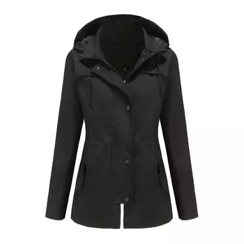 Женское уличное водонепроницаемое пальто средней длины с капюшоном и ветровкой XL чёрный