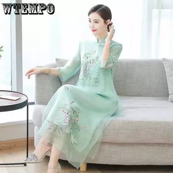 Женское улучшенное платье Cheongsam, элегантное длинное платье с вышивкой в стиле ретро, праздничное платье с цветочным принтом, китайская женская одежда высокого качества M розовый