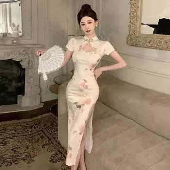 Женское улучшенное платье в национальном стиле в стиле ретро с разрезами, облегающее и тонкое S абрикосовый