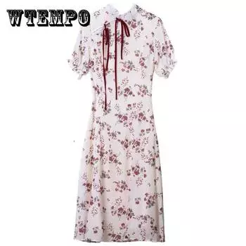 Женское улучшенное винтажное праздничное платье феи Cheongsam, тонкое, легкое, в зрелом стиле, элегантное платье с воротником-стойкой и цветочным принтом XL