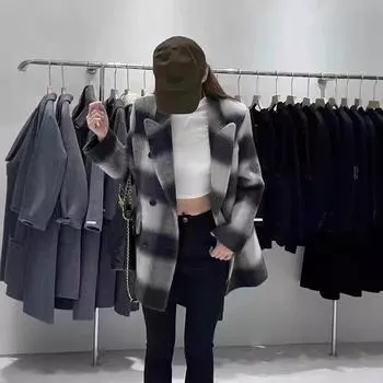 Женское универсальное двухстороннее шерстяное пальто с костюмным воротником и клеткой S