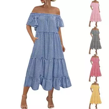 Женское универсальное и сексуальное клетчатое платье на одно плечо для повседневной носки L чёрный