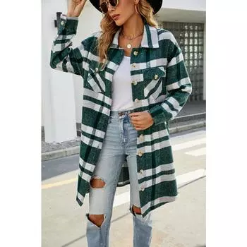 Женское универсальное пальто, длинное шерстяное пальто в клетку с лацканами на осень и зиму S зелёный